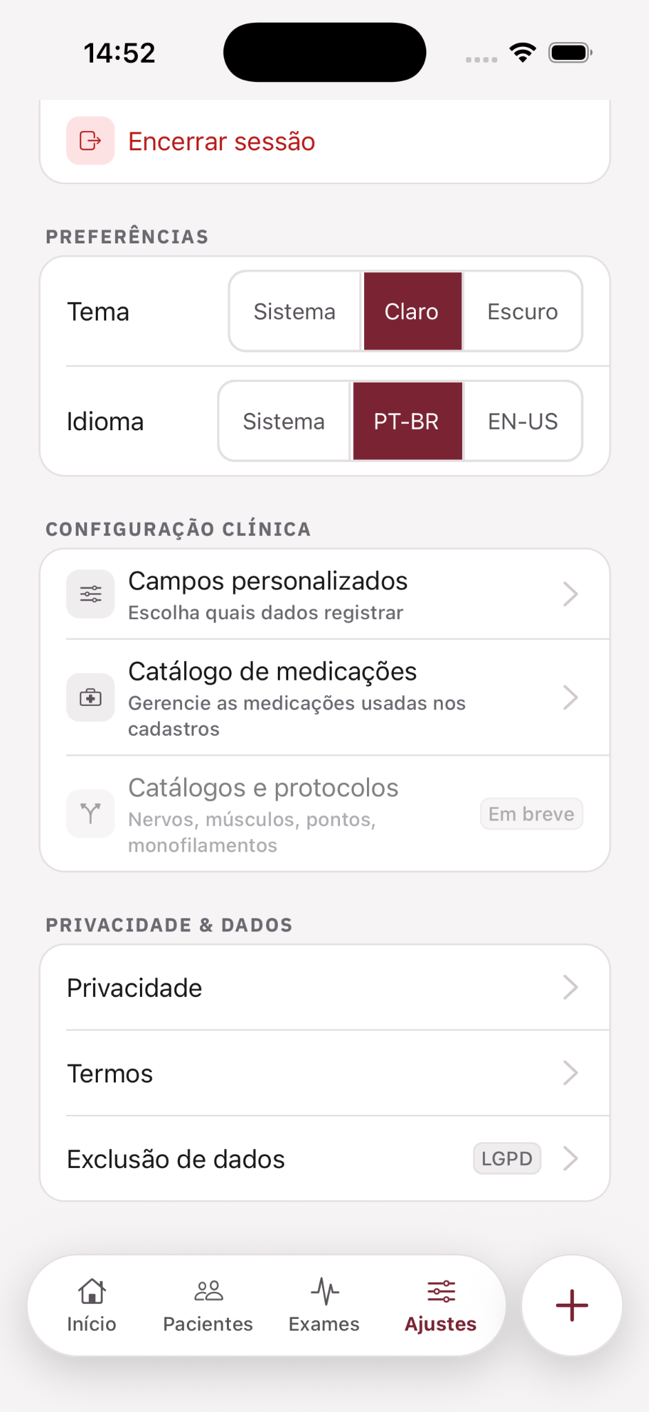 Tela de ajustes e configuração clínica