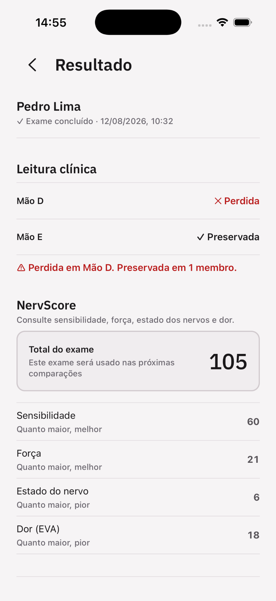 Tela de resultado e leitura clínica do NervScore Mobile