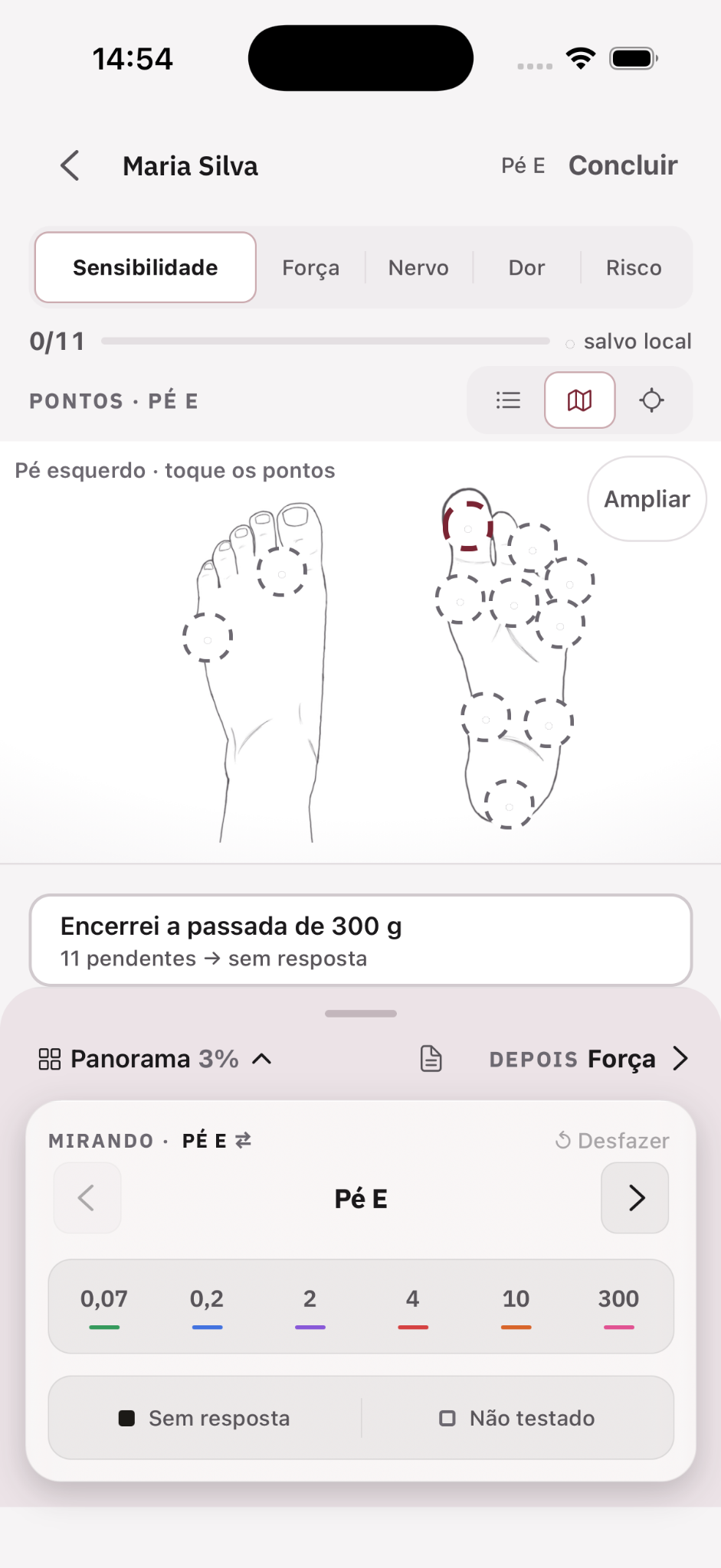 Tela de coleta de sensibilidade no pé