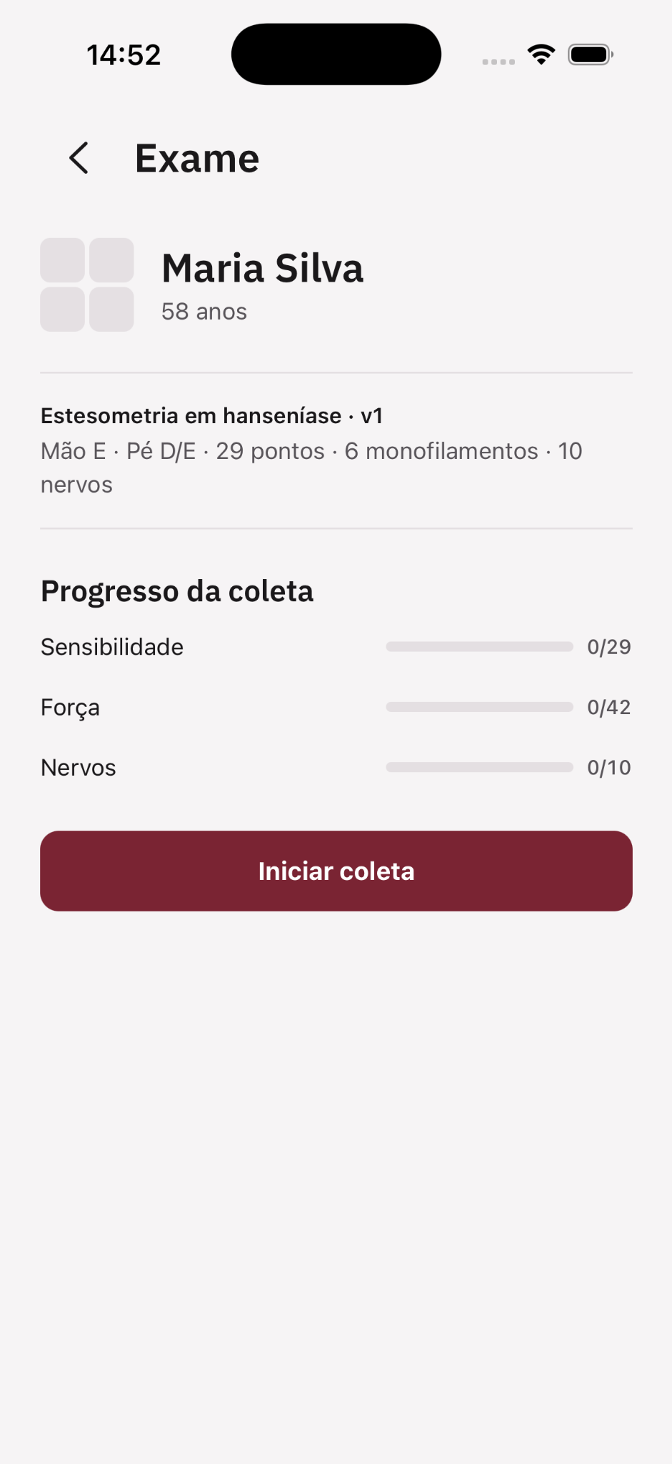 Tela de visão geral do exame no NervScore Mobile